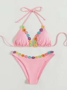 Appliques Triangle Halter Bikini - Pink - View 4
