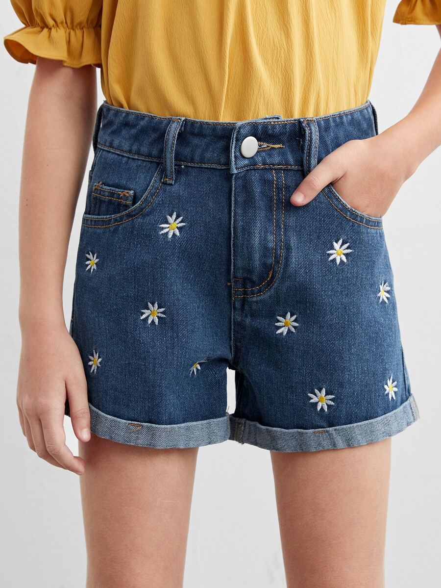 Bé Gái Quần Shorts Denim Nghề thêu Túi Hoa - Rửa tối - Xem 1