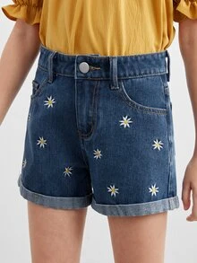Bé Gái Quần Shorts Denim Nghề thêu Túi Hoa - Rửa tối - Xem 3