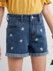 Bé Gái Quần Shorts Denim Nghề thêu Túi Hoa - Rửa tối - Xem 4