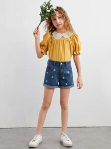 Bé Gái Quần Shorts Denim Nghề thêu Túi Hoa - Rửa tối - Xem 5