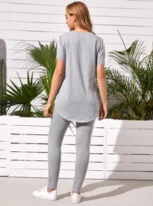SHEIN Maternity Split Curved Hem Solid Top & Adjustable Waist Leggings Set - Light Grey - View 2