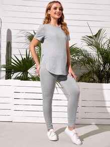 SHEIN Maternity Split Curved Hem Solid Top & Adjustable Waist Leggings Set - Light Grey - View 3