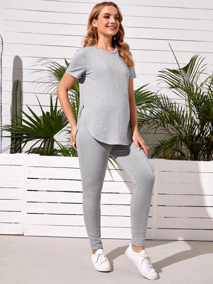 SHEIN Maternity Split Curved Hem Solid Top & Adjustable Waist Leggings Set - Light Grey - View 3