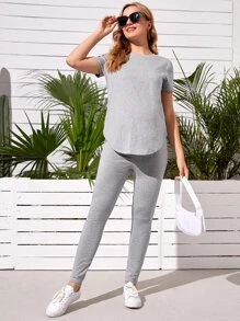 SHEIN Maternity Split Curved Hem Solid Top & Adjustable Waist Leggings Set - Light Grey - View 5