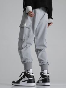 Manfinity Hypemode 男士拼接翻蓋口貨物褲 - 灰色 - 查看 2