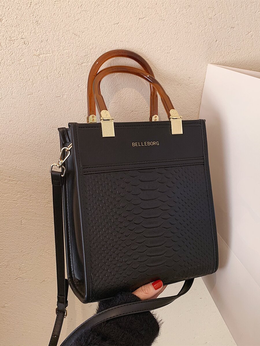 BELLEBORG Letter Graphic Snakeskin Embossed Square Bag - Black - View 1