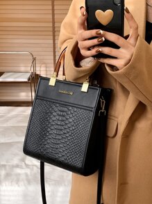 BELLEBORG Letter Graphic Snakeskin Embossed Square Bag - Black - View 2