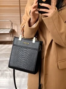 BELLEBORG Letter Graphic Snakeskin Embossed Square Bag - Black - View 6