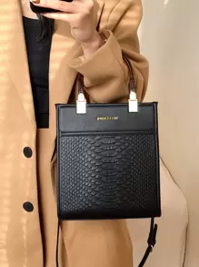 BELLEBORG Letter Graphic Snakeskin Embossed Square Bag - Black - View 7