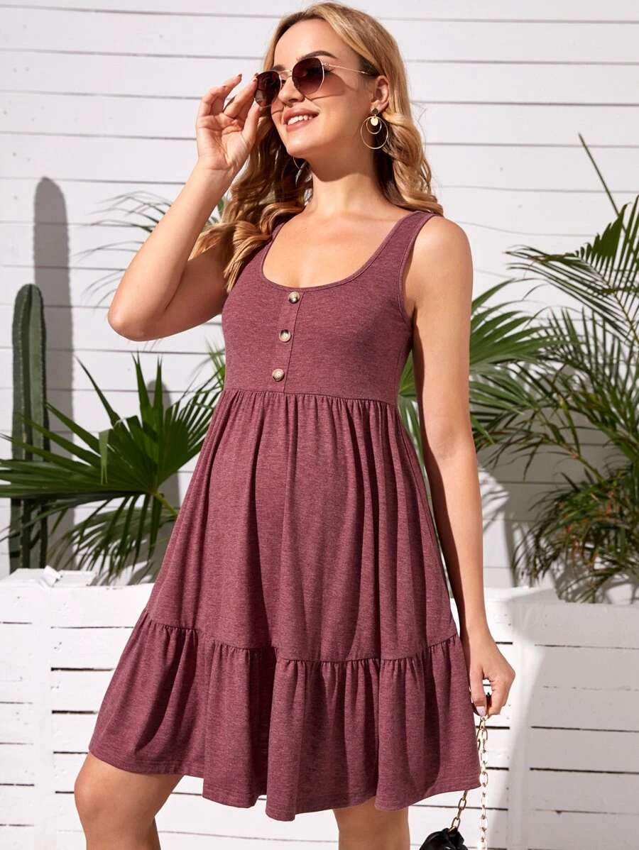 SHEIN 孕婦荷葉邊前紐扣A字連衣裙 - 紫紅色 - 查看 1