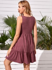SHEIN 孕婦荷葉邊前紐扣A字連衣裙 - 紫紅色 - 查看 2