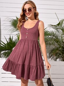 SHEIN 孕婦荷葉邊前紐扣A字連衣裙 - 紫紅色 - 查看 5