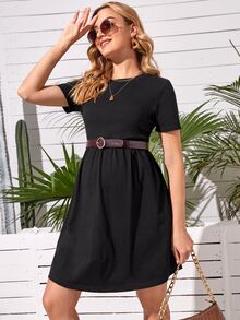 SHEIN Maternity Solid Smock Dress Without Belt - Black - View 4