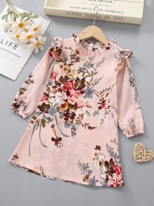 Niñitas Vestido con estampado floral ribete con fruncido - Rosa coral - Ver 1