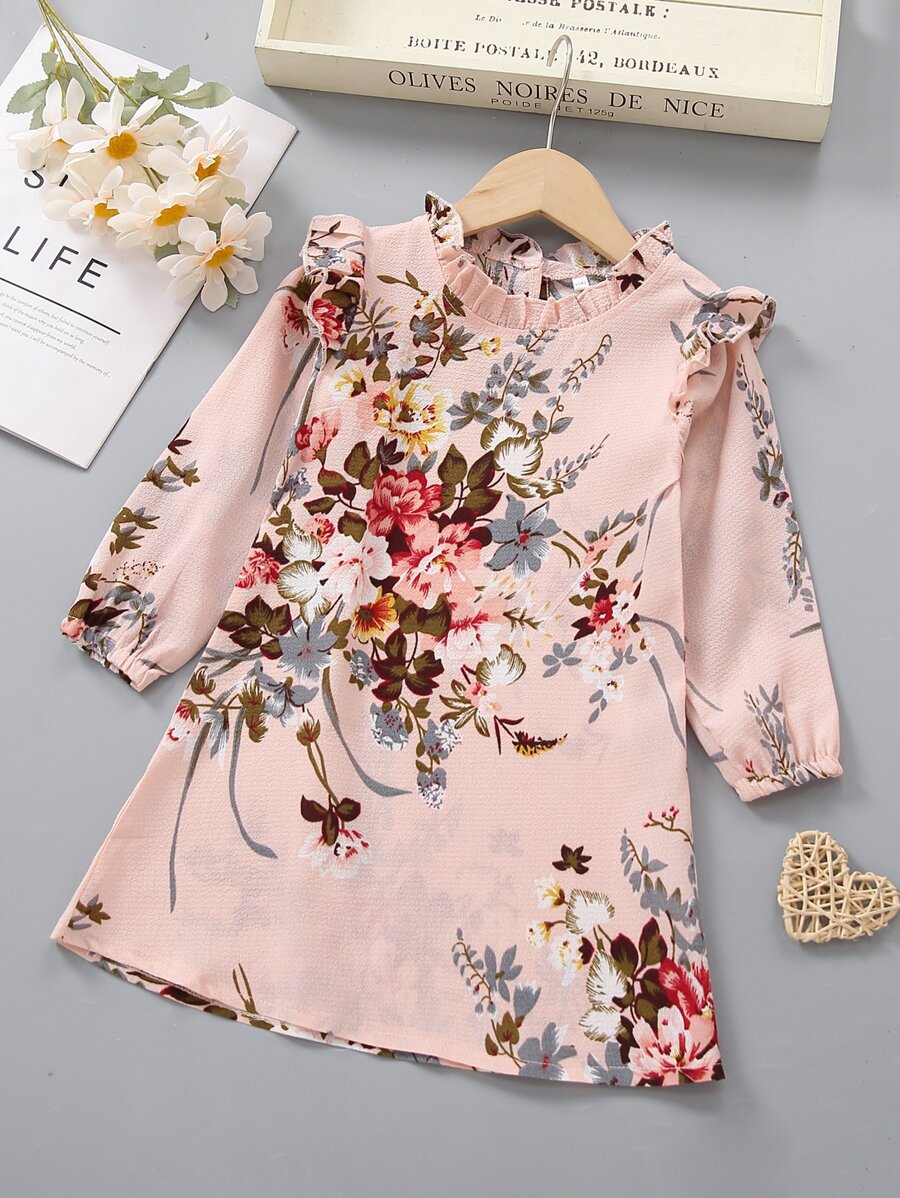 Niñitas Vestido con estampado floral ribete con fruncido - Rosa coral - Ver 1