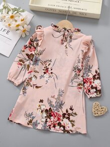 Niñitas Vestido con estampado floral ribete con fruncido - Rosa coral - Ver 2