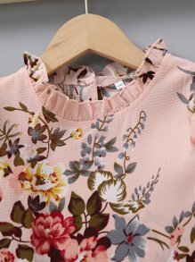 Niñitas Vestido con estampado floral ribete con fruncido - Rosa coral - Ver 3