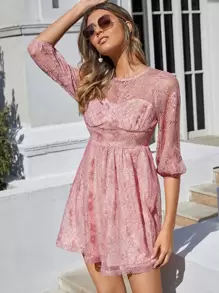 SHEIN 燈籠袖蕾絲連衣裙 - 藕粉色 - 查看 1