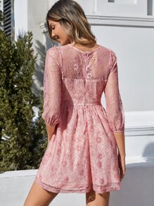 SHEIN 燈籠袖蕾絲連衣裙 - 藕粉色 - 查看 2