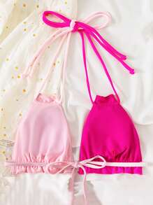 Áo bikini hở lưng phối viền xếp nếp màu khối mùa hè - Hồng - Xem 2