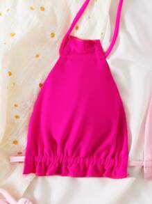 Áo bikini hở lưng phối viền xếp nếp màu khối mùa hè - Hồng - Xem 3