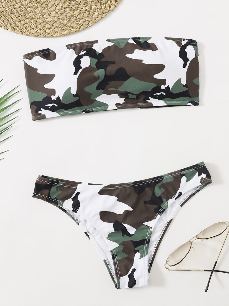 Camo Print Bandeau Bikini For Summer Beach - Multicolor - View 1