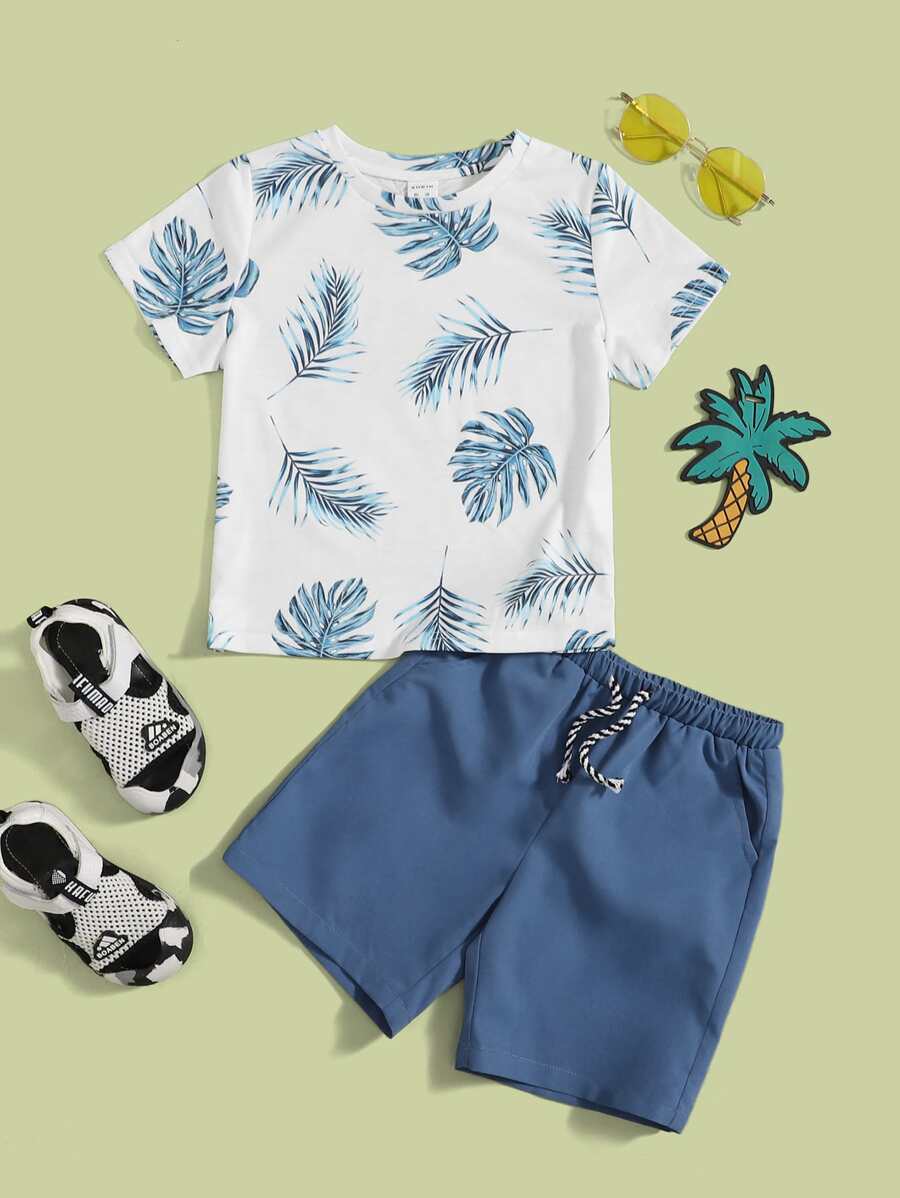 SHEIN Young Boy Tropical Print Tee & Drawstring Waist Track Shorts - Multicolor - View 1