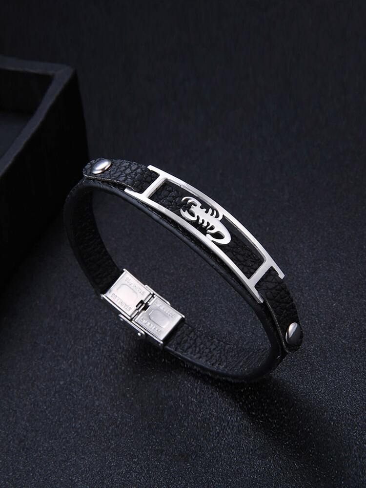 1pc Men's Black Pu Leather Bracelet Featuring Scorpion Pattern, Punk Style Wristband - Black - View 1