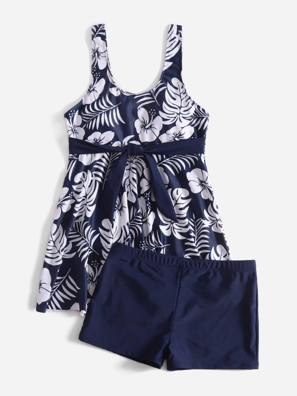 SHEIN Swim Classy Tropical Print Tankini Set Self Belted Swim Dress