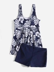 SHEIN Swim Summer Beach Tropical Print Tankini Set Self Belted Swim Dress & Boxer Shorts 2 Piece Swimsuit - Multicolor - View 2