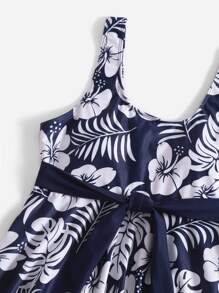 SHEIN Swim Summer Beach Tropical Print Tankini Set Self Belted Swim Dress & Boxer Shorts 2 Piece Swimsuit - Multicolor - View 4
