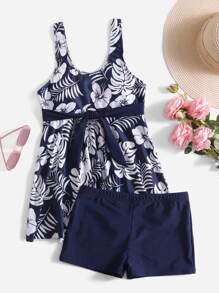 SHEIN Swim Summer Beach Tropical Print Tankini Set Self Belted Swim Dress & Boxer Shorts 2 Piece Swimsuit - Multicolor - View 5