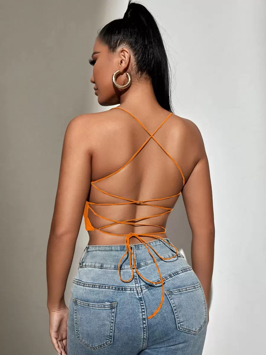 SHEIN Allurite Backless Lace Up Crop Cami Top - Orange - View 1