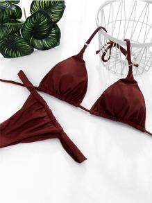 Swim SXY Đơn sắc Bộ Bikini Dây Vi mô Tam giác Bras Áo & Quần lót Thong 2 mảnh Bộ đồ tắm - Cà phê nâu - Xem 2