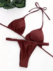 Swim SXY Đơn sắc Bộ Bikini Dây Vi mô Tam giác Bras Áo & Quần lót Thong 2 mảnh Bộ đồ tắm - Cà phê nâu - Xem 3