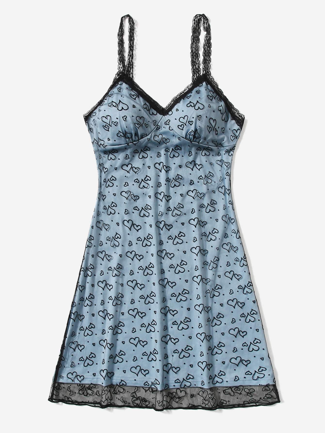 Allover Heart Print Contrast Lace Mesh Cami Dress