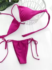 SHEIN Swim 素色比基尼套裝多用途繫帶吊脖微型三角文胸和丁字褲下裝2入組泳衣 - 中紫紅色 - 查看 3