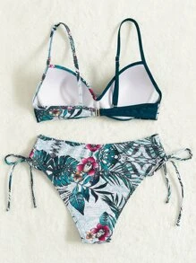 SHEIN Swim 夏季海灘熱帶印花俯臥撐比基尼 - 水鴨藍 - 查看 2