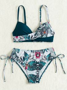 SHEIN Swim 夏季海灘熱帶印花俯臥撐比基尼 - 水鴨藍 - 查看 3