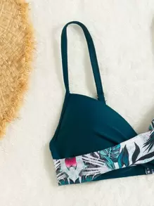 SHEIN Swim 夏季海灘熱帶印花俯臥撐比基尼 - 水鴨藍 - 查看 4