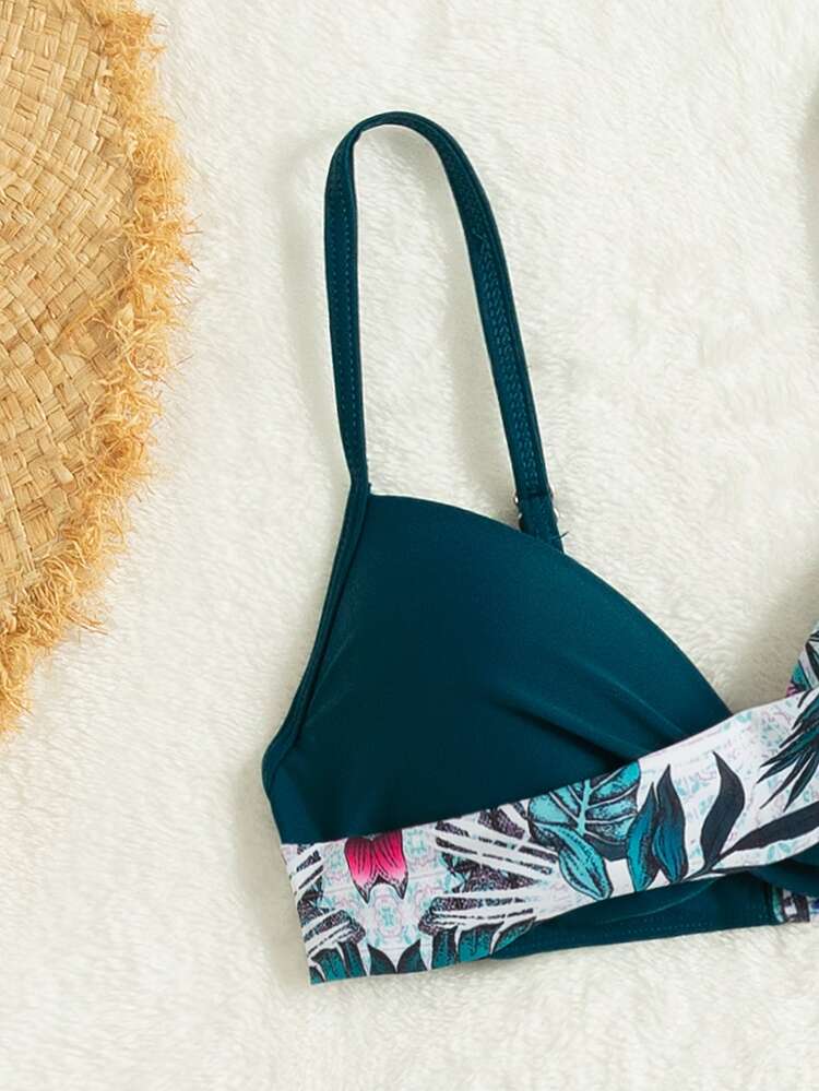 SHEIN Swim بيكيني دفع مبطن بطبعة شاطئ صيفية تروبيكال - ازرق مخضر - مشاهدة 4