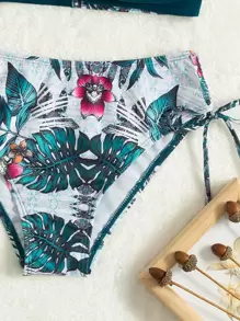 SHEIN Swim 夏季海灘熱帶印花俯臥撐比基尼 - 水鴨藍 - 查看 5