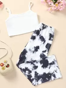 SHEIN Niñas tejido de canalé Top de tirantes & de tie dye Pantalones - Blanco y Negro - Ver 1