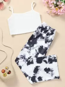 SHEIN Niñas tejido de canalé Top de tirantes & de tie dye Pantalones - Blanco y Negro - Ver 2