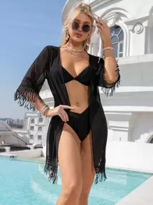 SHEIN Swim Summer Beach Plain Fringe Chiffon Kimono - Black - View 5