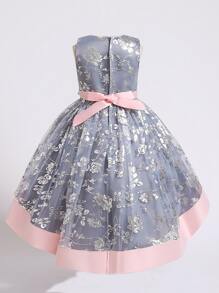 小女童立體花卉花卉圖案嵌入網紗後綁帶晚禮服 - 霧霾藍 - 查看 2