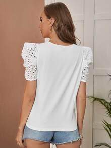 SHEIN Áo thun nữ Tranh thêu màu trơn Thanh lịch - trắng - Xem 2