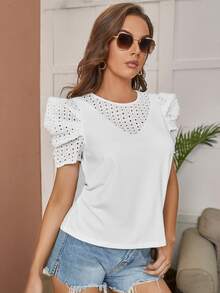 SHEIN Áo thun nữ Tranh thêu màu trơn Thanh lịch - trắng - Xem 5