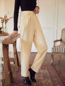 SHEIN Quần nữ Nút Túi Dây kéo màu trơn Thanh lịch - Màu be - Xem 4